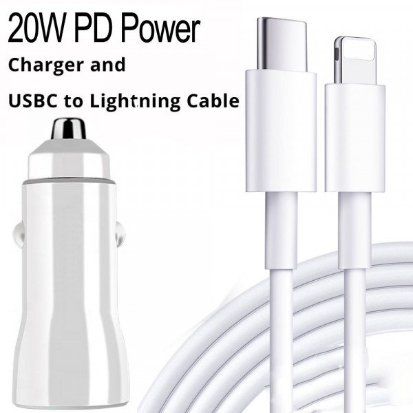 Wholesale iPhone IOS 8PIN Lightning, iPad, Airpods 2in1 20W PD Fast Power Delivery Charger with 3FT USB-C to Lightning Cable (Car - White)